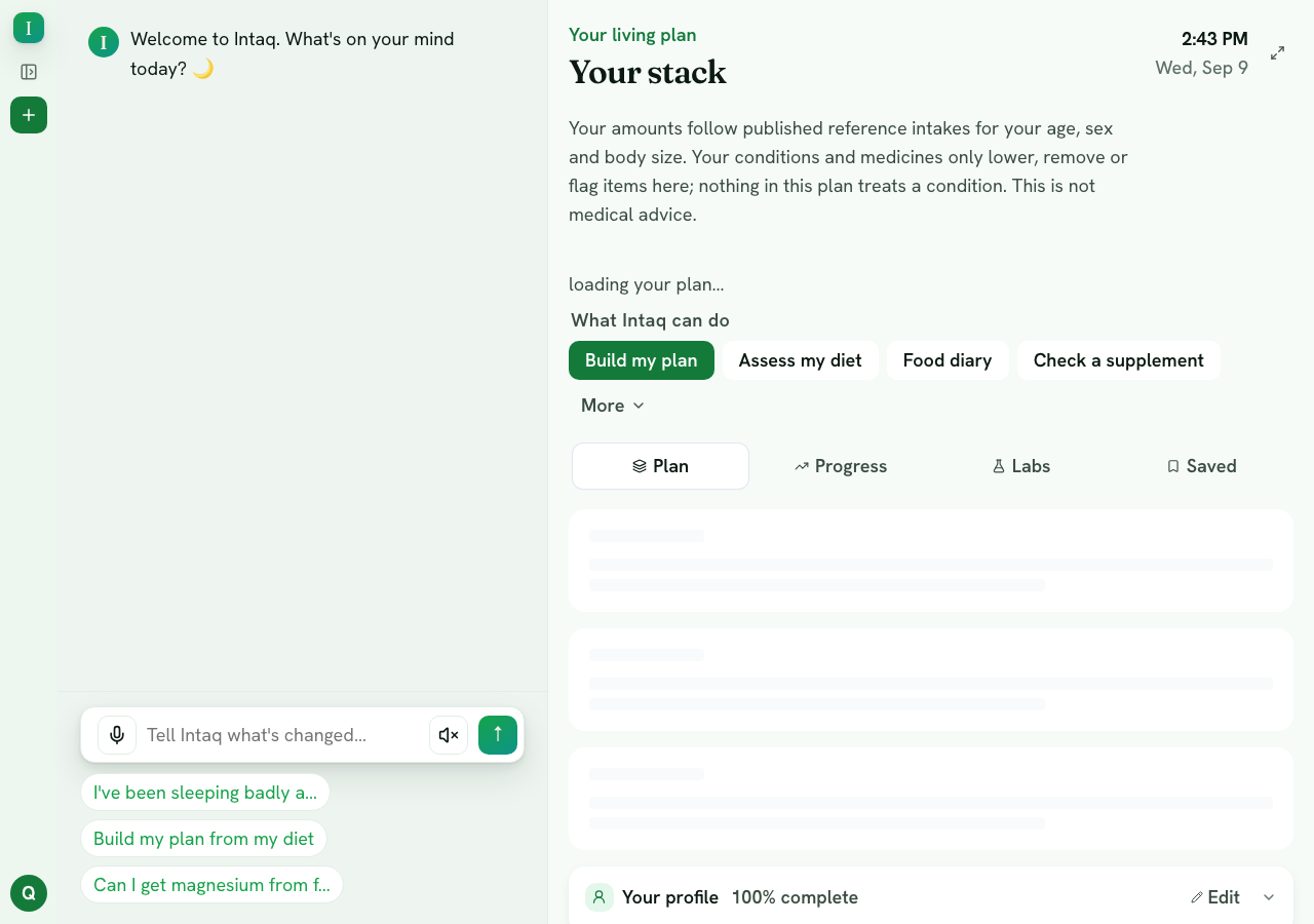The home screen with the plan on the right and chat on the left.