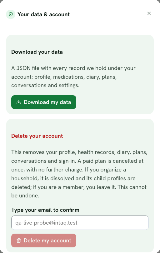 The Your data and account screen: Download my data, and a Delete your account section that needs your email typed to confirm.